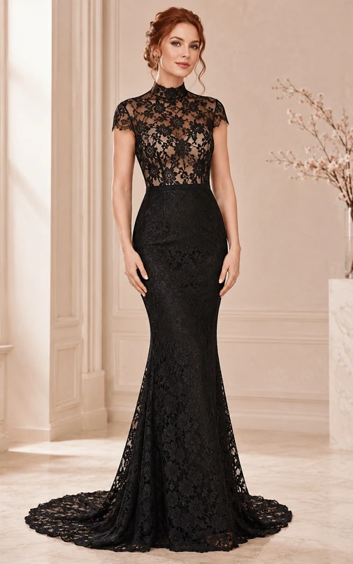 Black High Neck Short Sleeve Lace Mermaid Sweep Train Formal Gown