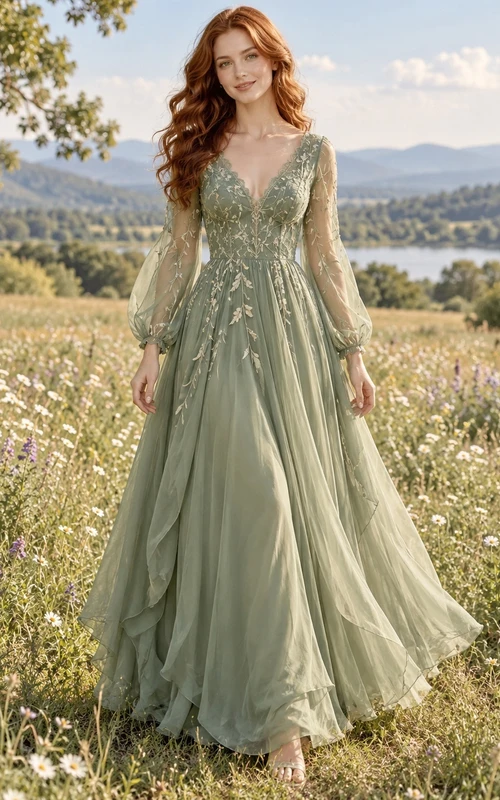 Robe de bal en mousseline superposée, col en V, dentelle à feuilles, couleur sauge, manches longues