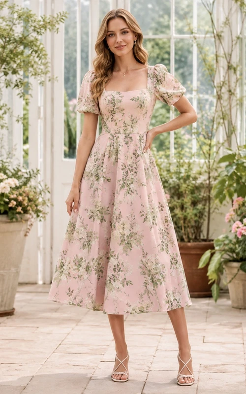 Robe d'invitée en mousseline de soie à imprimé floral rose poudré, col carré, coupe trapèze, longueur thé et manches courtes, encolure carrée