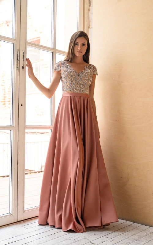 Empire Cap-Sleeve Bateau Sweep Train Satin Bridesmaid dress with Beading and Pleats