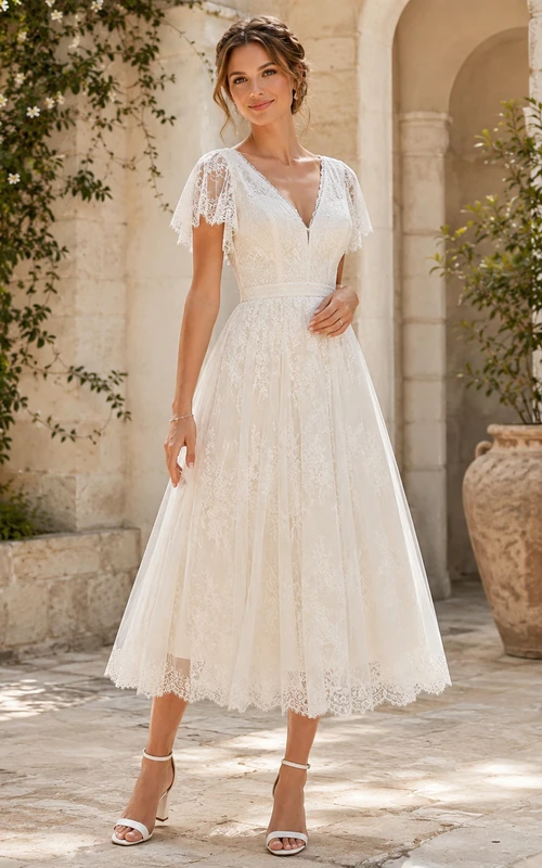 Vestido de novia bohemio de encaje con escote en V, mangas con volantes y largo hasta la rodilla, ideal para bodas campestres en jardines.