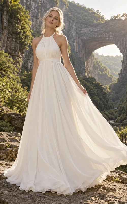 Vestido de novia sencillo de gasa con escote halter y cuello alto, fruncido y corte en A