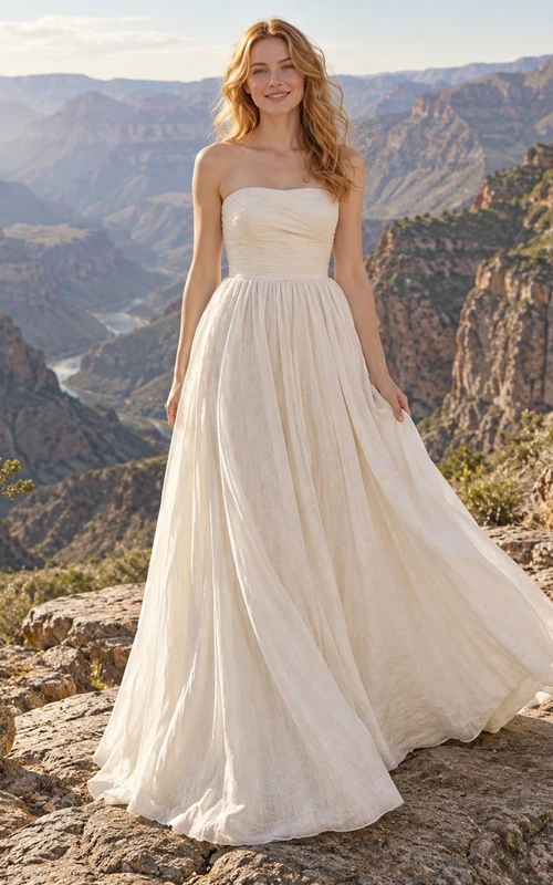 Bandeau-Brautkleid aus Leinenmischung in A-Linie mit weitem Rock und V-Ausschnitt am Rücken