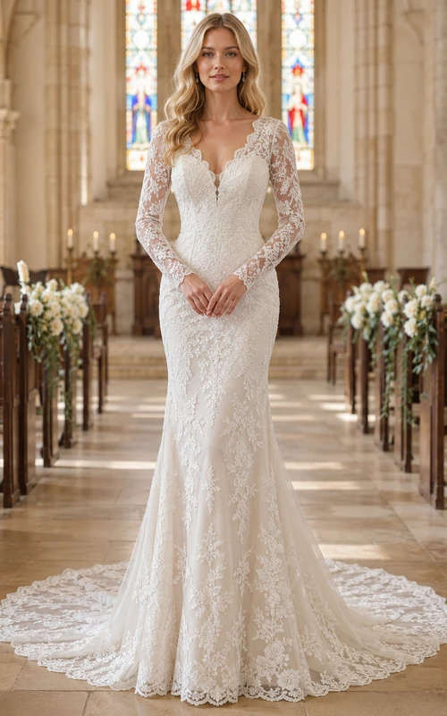 Vestido de novia romántico de sirena con mangas largas y encaje estilo capilla