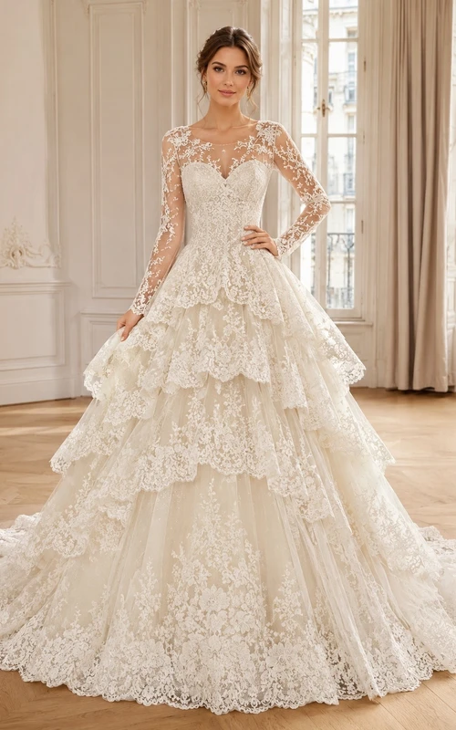 Langärmeliges Ballkleid mit Spitze, Rüschen und Kathedralenschleppe – formelles Hochzeitskleid