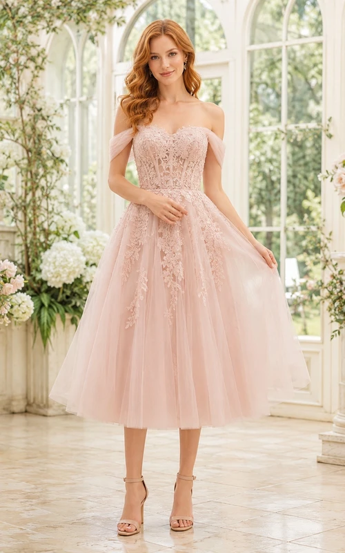 Blush Lace Off-the-shoulder Short Sleeve Tulle A-line Tea-length Cocktail Dress