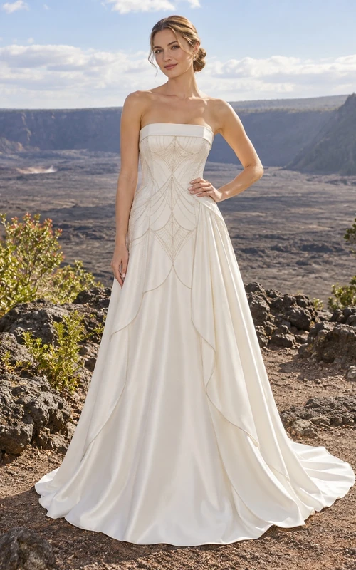 Vestido de novia Art Déco sin tirantes, sin mangas, de satén con cuentas y corte en A, largo hasta el suelo