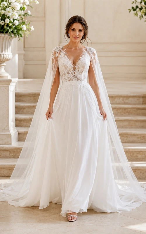 Bridal Lace V-Neck Sleeveless Appliqued Chapel-Train Ball Gown with Cape