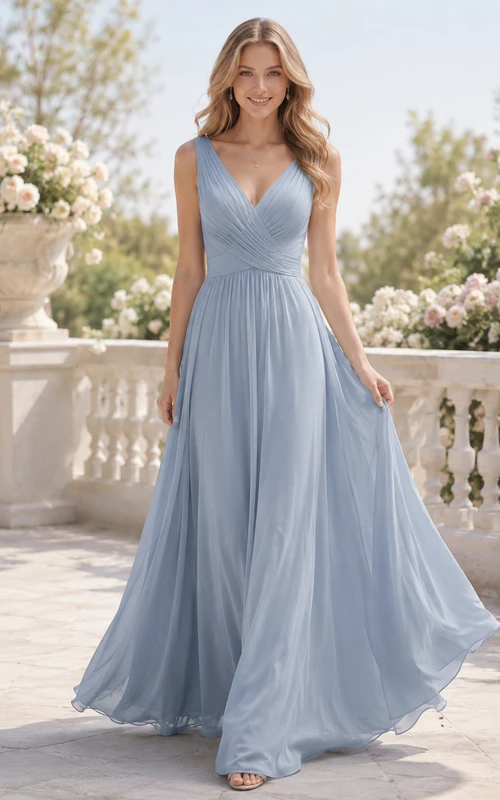 Robe de mariée bleu acier en mousseline plissée à col V et coupe trapèze, col en V