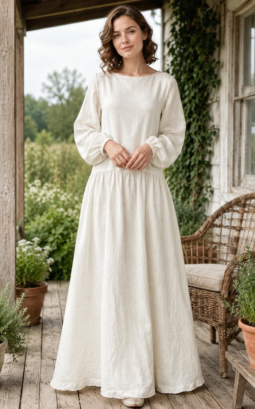 Loose Long Sleeve Linen Cottage A Line Bridal Dress
