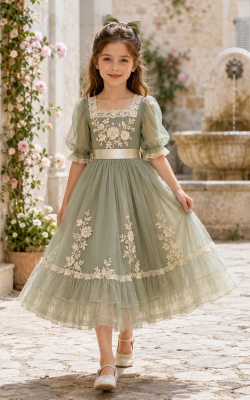 A-Line French Vintage Flower Girl Dress with Square Neckline, Puff Sleeves, Floral Lace, Satin Sash, Tea-Length Garden Style