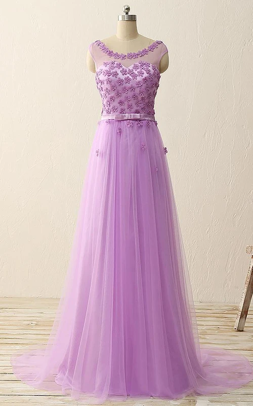 Langes, blumengemustertes A-Linien-Tüllkleid mit Illusionseffekt