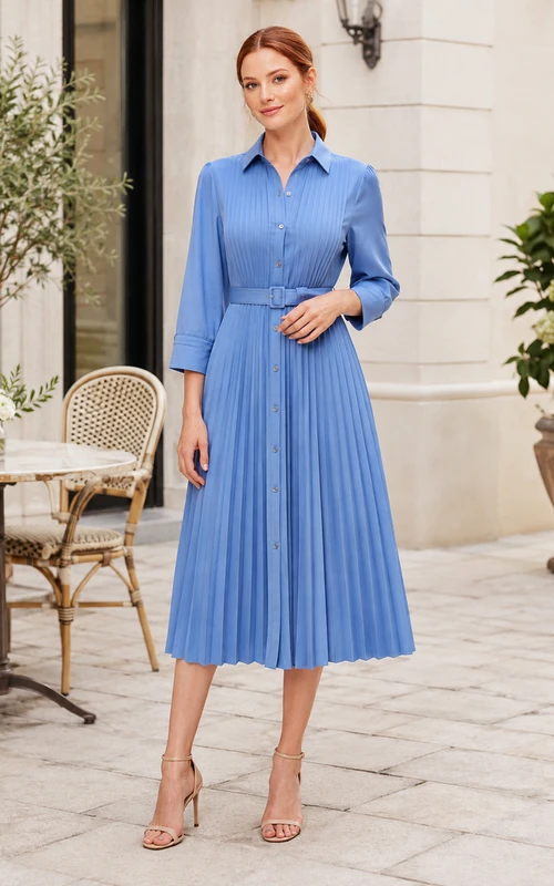 Sky Blue Notched Three-Quarter Sleeve Pleated A-Line Shirt Midi Dress