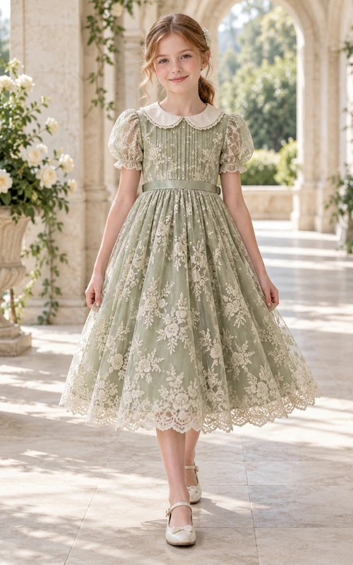 Vestido de niña de flores vintage de corte A con encaje, cuello Peter Pan, cuello floral verde salvia y largo hasta la rodilla.