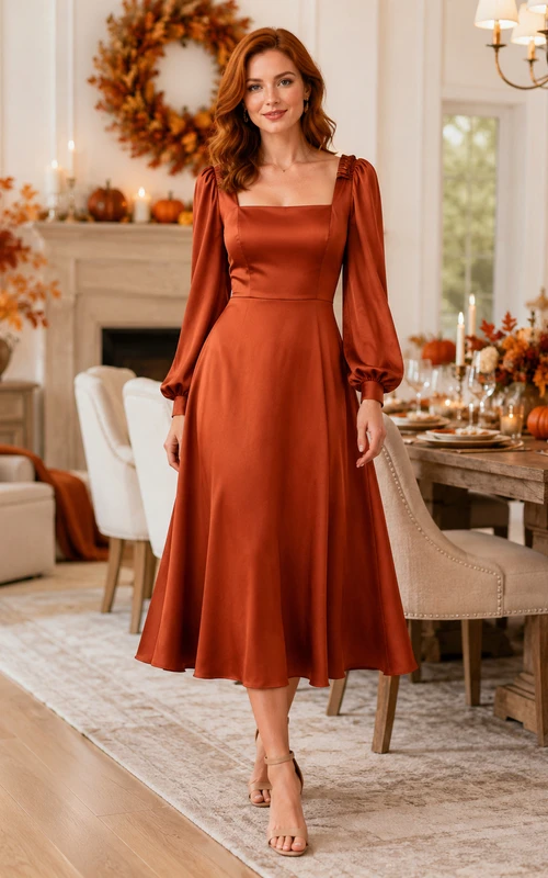 Robe de Thanksgiving en satin rouille à manches longues et coupe trapèze