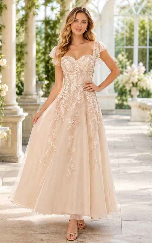 Champagnerfarbenes, romantisches Gästekleid aus Chiffon mit eckigem Ausschnitt, kurzen Ärmeln, Spitze, A-Linie und Teelänge, floralem Muster