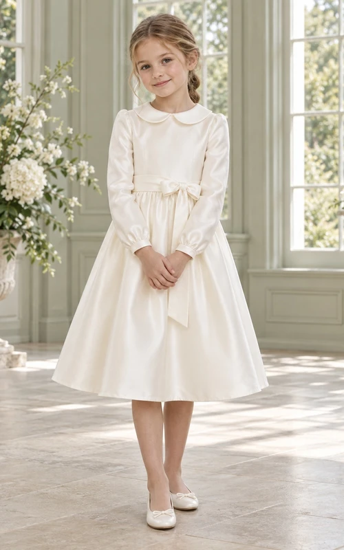 Tea-length Long Sleeve Vintage Ivory A-line Satin Collared Sashed Flower Girl Dress