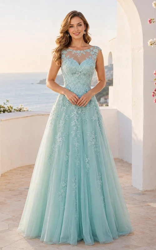 Mintgrünes, bodenlanges Brautkleid aus Illusion-Bateau-Spitze und Tüll in A-Linie