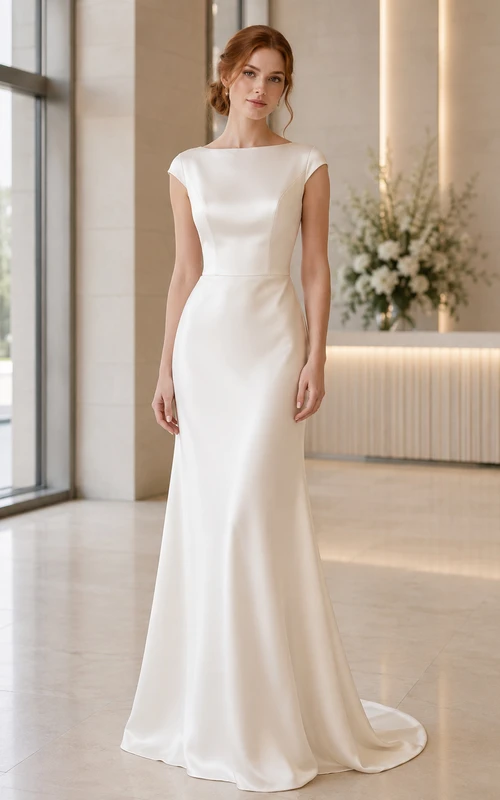 Bateau Cap Sleeve Satin Sheath Modern Civil Bridal Gown
