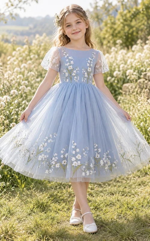 Tea-length Steel Blue Flutter Sleeve Floral Embroidered Tulle Bow Flower Girl Dress