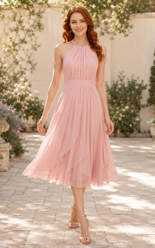 Blush Halter Chiffon Tea-Length Cocktail Dress
