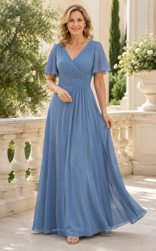 MOB-Kleid, stahlblau, Chiffon, A-Linie, kurze Ärmel, V-Ausschnitt, bodenlang, gerafft