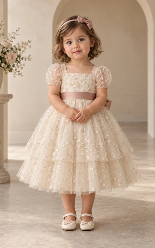 Robe de demoiselle d'honneur mi-longue à col carré, coupe trapèze, en tulle fleuri champagne, manches bouffantes et ceinture mauve.