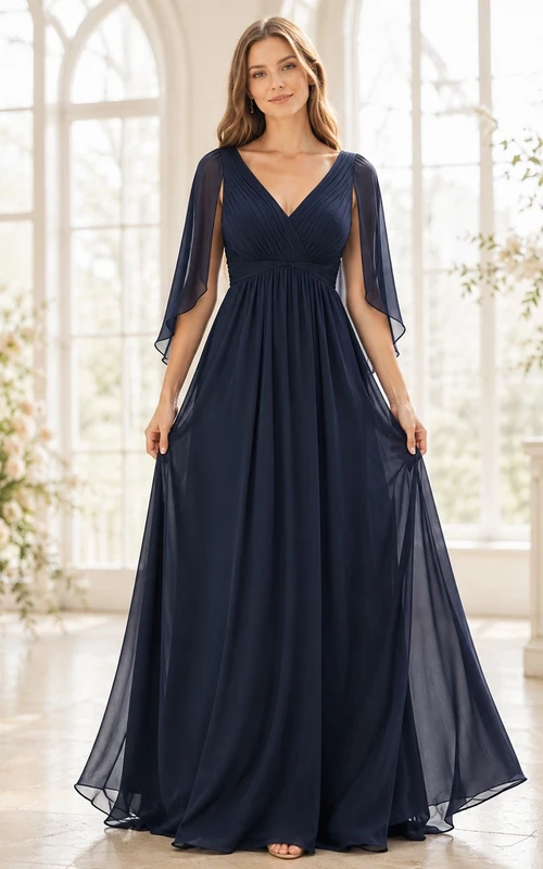Elegant Dark Navy V-neck Long Sleeve Floor-length Chiffon A-line Formal Dress