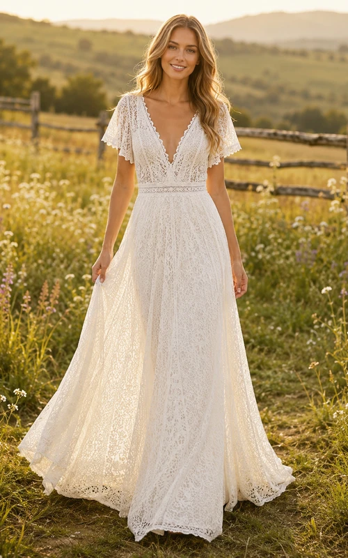 Crochet Lace V-Neck Cap Sleeve Boho A-Line Wedding Dress