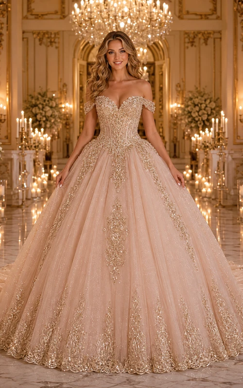 Vestido de quinceañera de encaje dorado con escote corazón, hombros descubiertos y cola catedral, iluminado con velas y color champán.