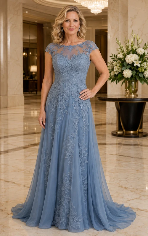Stahlblaues A-Linien-Kleid aus Spitze und Tüll mit kurzen Ärmeln
