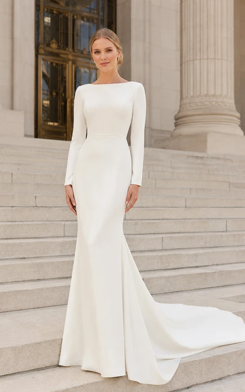 Simple Modest Crepe Long Sleeve City Hall Wedding Dress