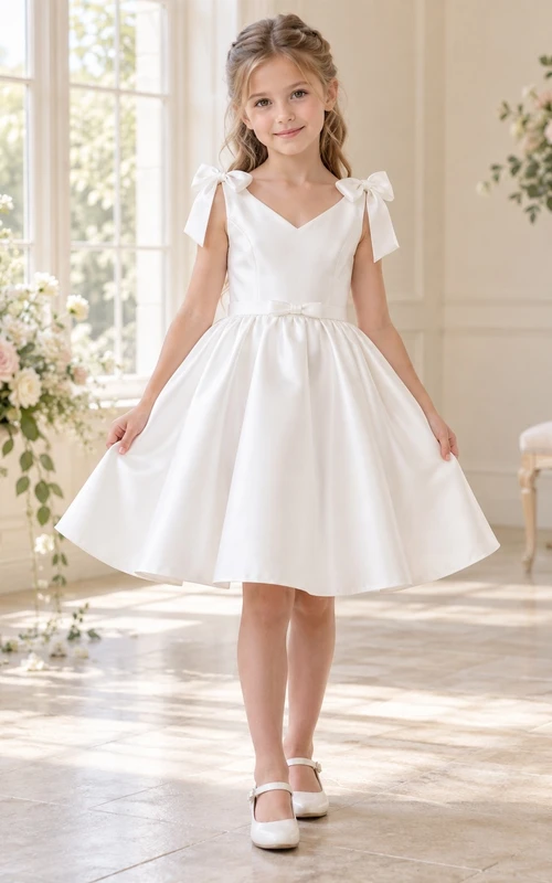 Simple Short White Sleeveless V-neck Shoulder Bow Gathered Satin Sashed A-Line Flowergirl Dress