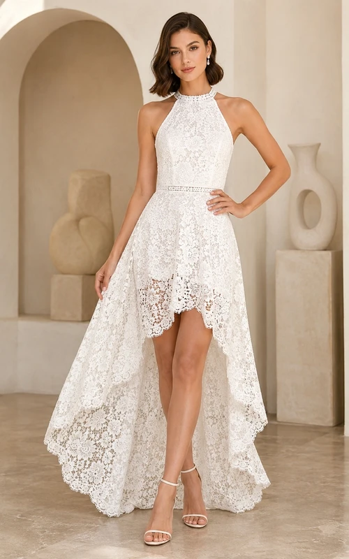 Vestido de novia de corte A con escote halter, sin mangas, asimétrico y cola larga, de encaje.