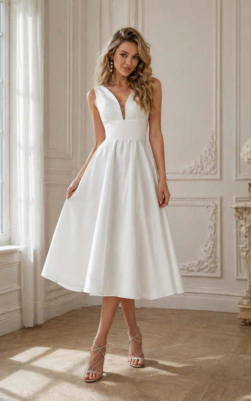 Vestido de novia sencillo de satén, corte imperio, largo hasta la rodilla