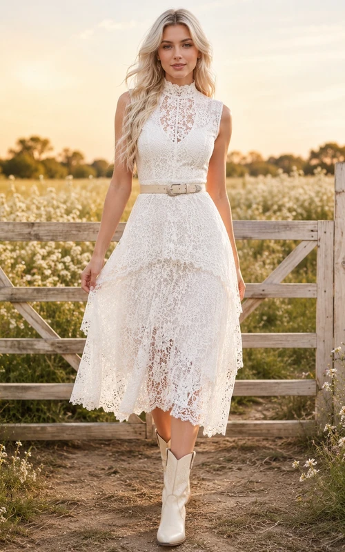 Vestido de cóctel campestre bohemio blanco sin mangas con cuello alto y encaje