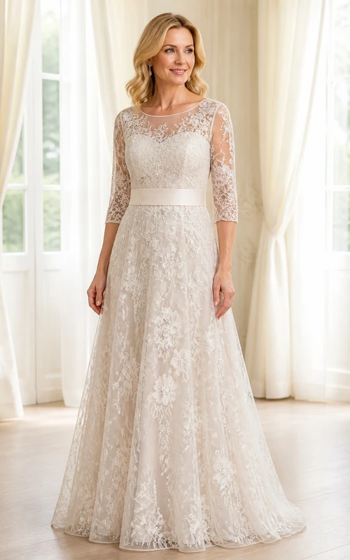 Robe de mariée modeste et élégante en dentelle, coupe trapèze, longueur au sol, manches trois-quarts, style Heirloom, idéale pour les mariées plus âgées.
