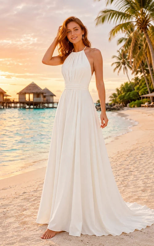 Minimalist Halter Open Back Chiffon Resort Wedding Dress