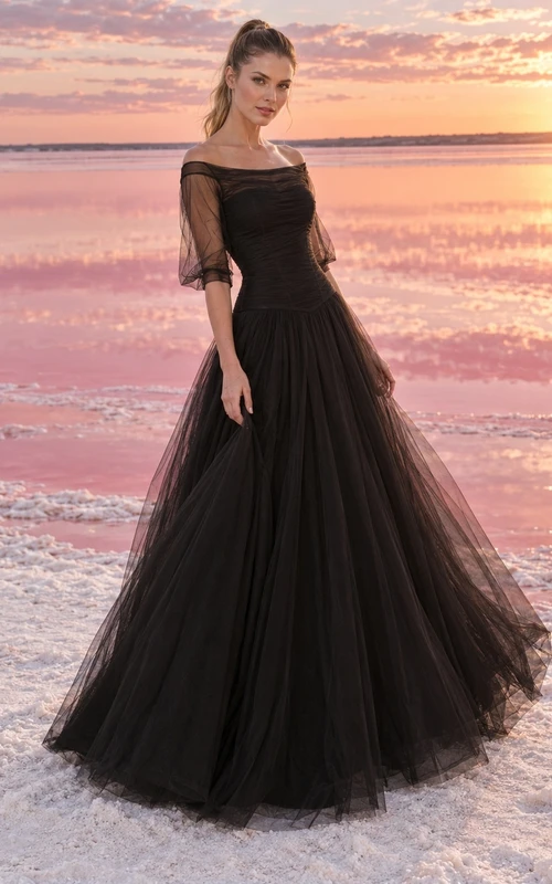 Simple Black Square Half Sleeve Tulle A-Line Sweep Train Wedding Dress