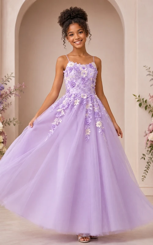 Lavendelfarbenes Brautjungfernkleid, A-Linie, Spaghettiträger, ärmellos, Tüll, Blumenmuster, romantisch
