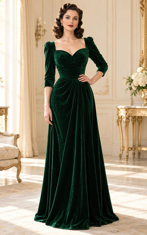 Robe de soirée vintage en velours vert foncé à décolleté cœur et manches trois-quarts