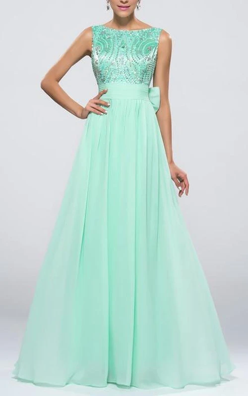 Fashion A-Line Bateau Sleeveless Bowknot Beaded Prom Dress