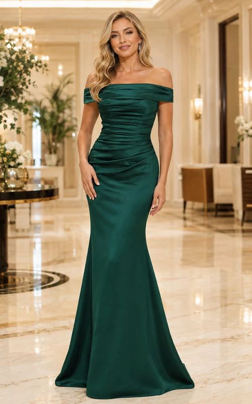 Dark Green Off-Shoulder Ruched Satin Sexy Elegant Mermaid Evening Gown