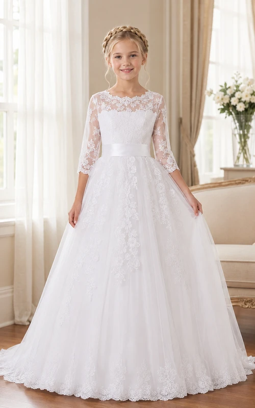 Robe de première communion en tulle à manches trois-quarts en dentelle et dentelle, style bateau