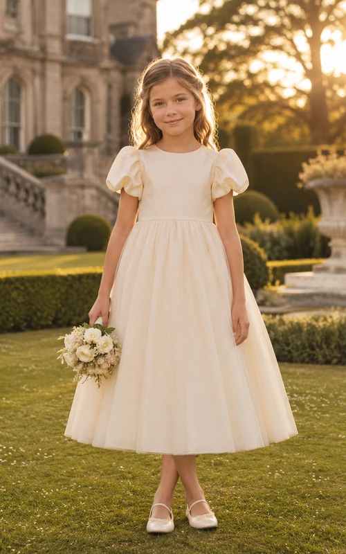Puff Sleeve Bow Tulle A-Line Flower Girl Dress with Jewel Neck, Tea-Length Skirt and Bow Detail