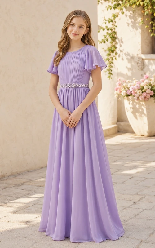 Lavendelfarbenes Brautjungfernkleid für junge Damen, A-Linie, Rundhalsausschnitt, kurze Ärmel, Chiffon, perlenbesetzte Taille, elegant
