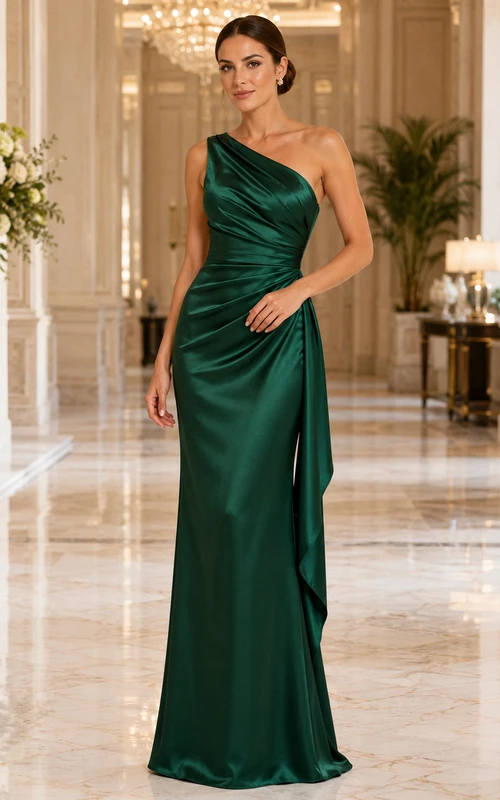 Dark Green Formal Black Tie Wedding Guest Bridesmaid Evening Formal Dress Sheath Floor-Length One-Shoulder Sleeveless Satin Ruched Zipper Back