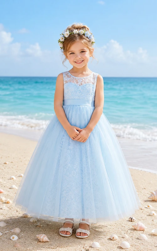 Blue Tulle A-Line Flower Girl Dress with Short Sleeves, Jewel Neck and Tea-Length Skirt