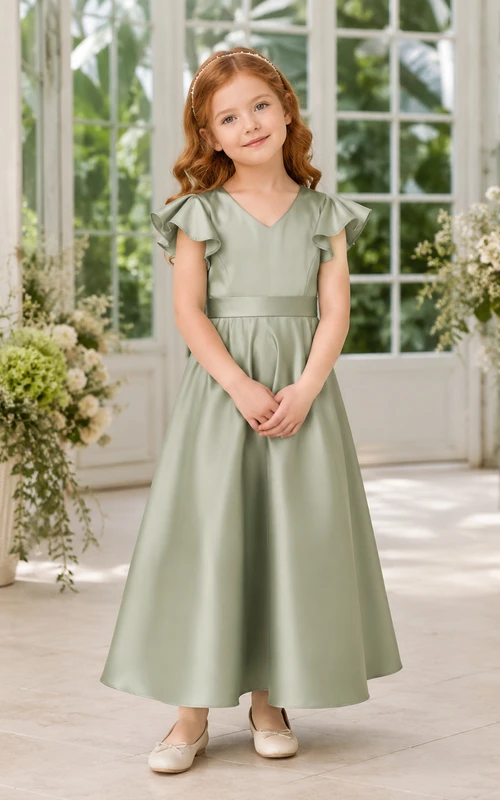 Salbeigrünes Satin-Blumenmädchenkleid mit Volantärmeln