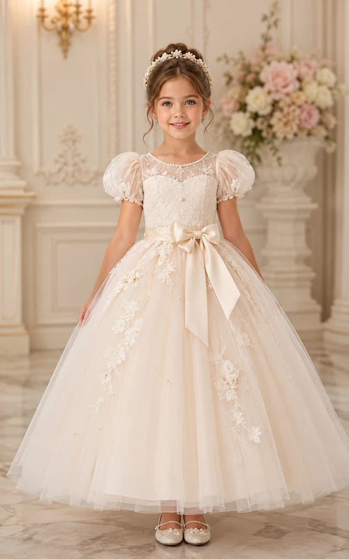A-line Floor Length Puff Sleeve Tulle Lace Flower Girl Dress with Ivory puff sleeves